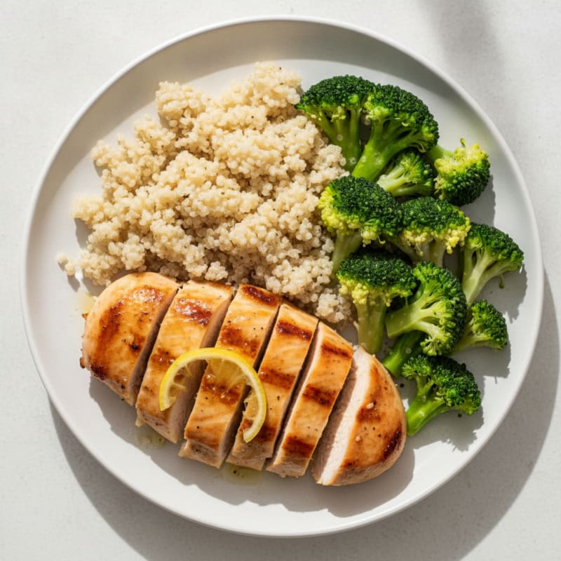 Grilled Chicken Breast with Steamed Broccoli and Quinoa