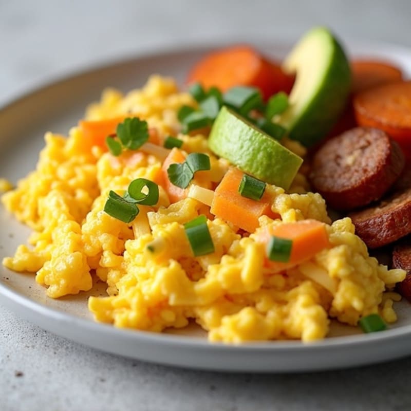 Scrambled Eggs with Turkey Sausage and Roasted Sweet Potatoes