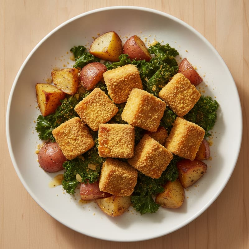 Crispy Baked Tofu with Roasted Potato and Greens