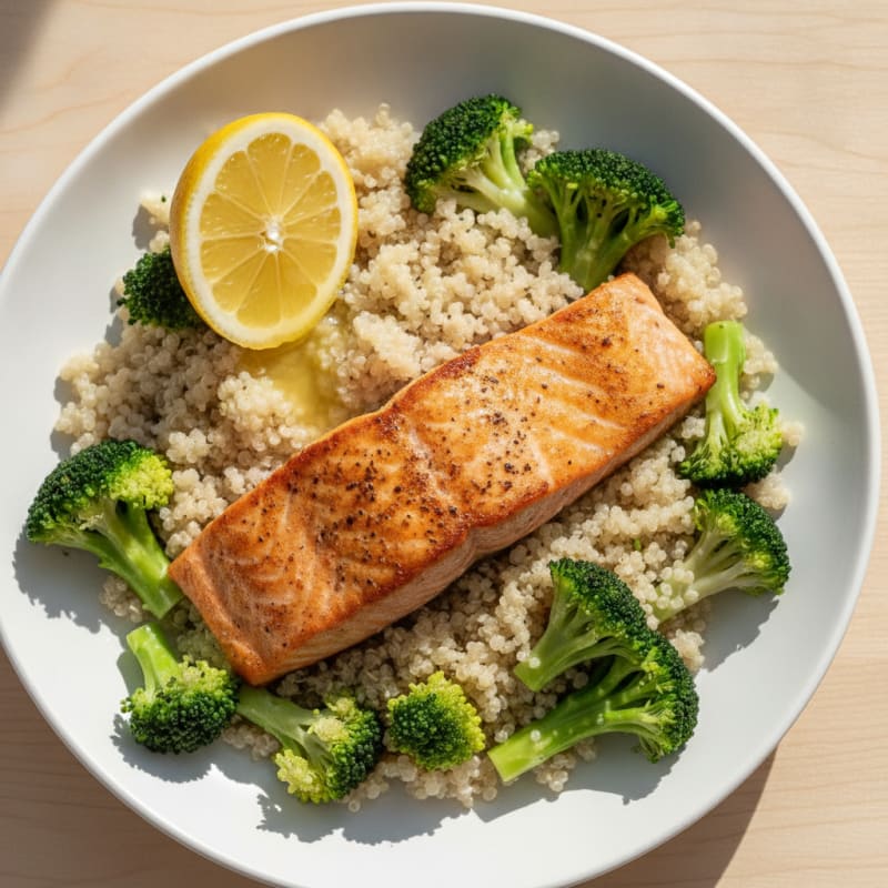 Seared Salmon with Steamed Broccoli and Quinoa