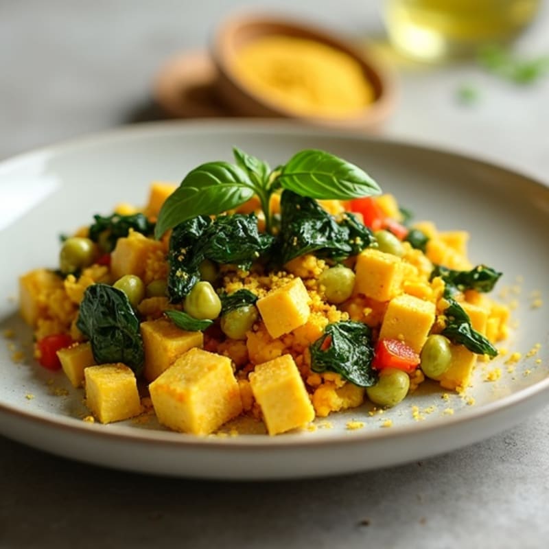Creamy Turmeric Tofu Scramble with Sautéed Spinach