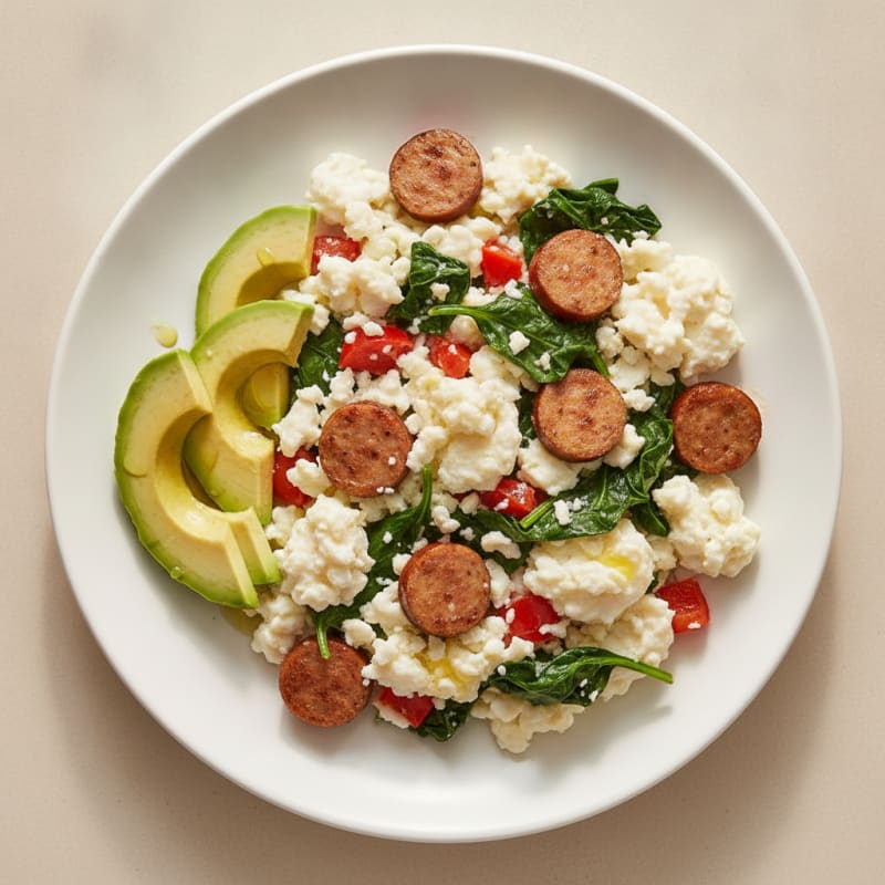 Egg White Scramble with Turkey Sausage and Sautéed Spinach