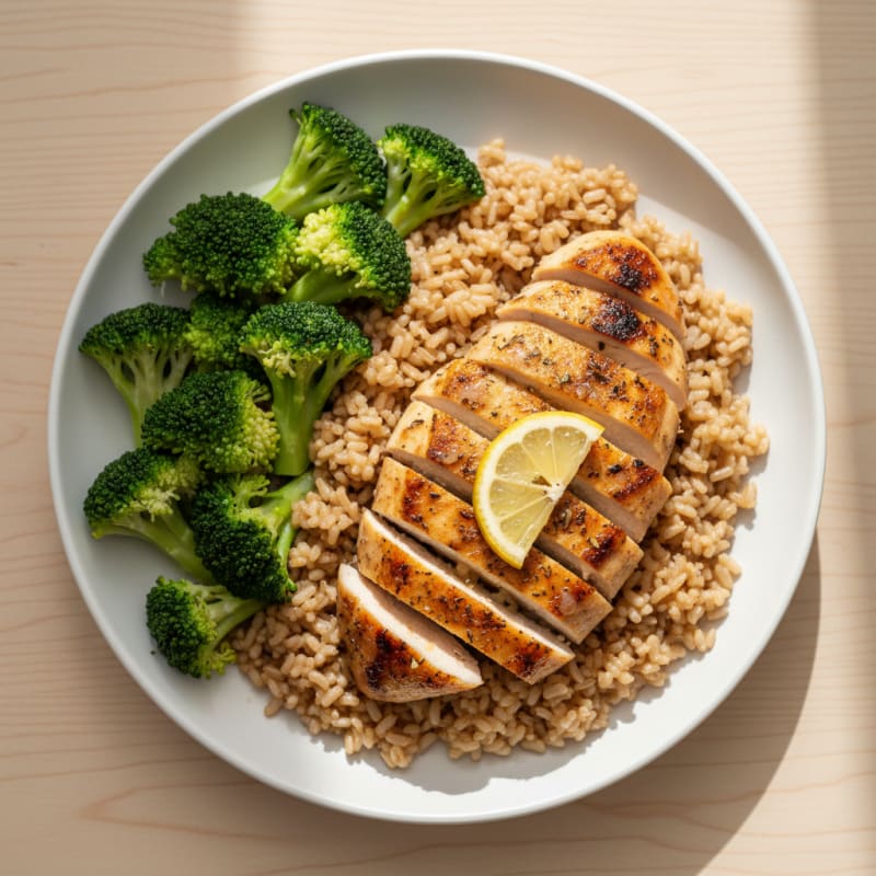 Grilled Chicken Breast with Brown Rice and Steamed Broccoli