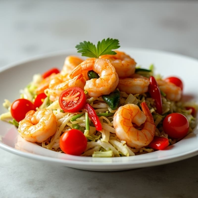 Garlic Shrimp Stir-Fry with Peppers, Onions, Shredded Cabbage, and Cherry Tomatoes