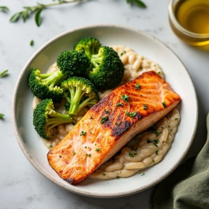 Seared Salmon with Roasted Broccoli and Garlic Mashed White Beans