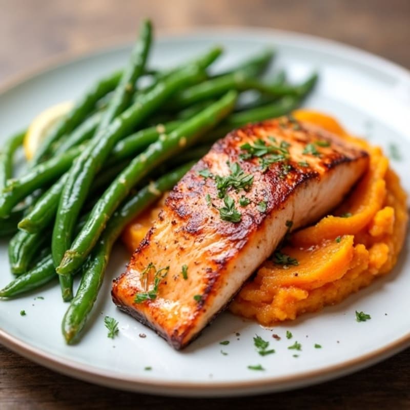 Seared Salmon Fillet with Garlic Green Beans and Sweet Potato Mash