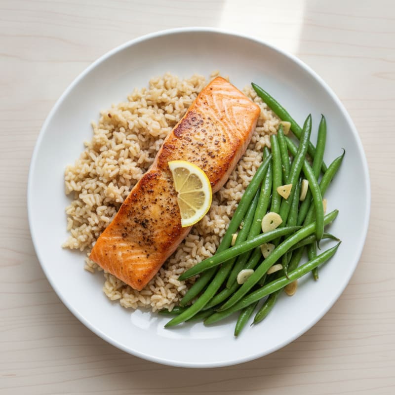 Seared Salmon with Garlic Green Beans and Brown Rice