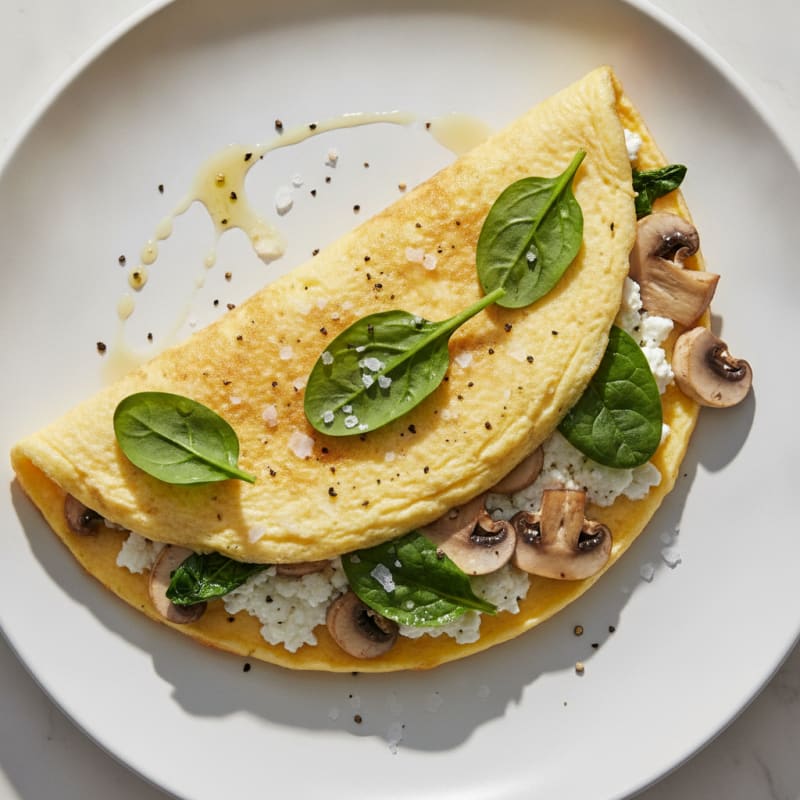 Egg White Spinach Omelette with Cottage Cheese and Sautéed Mushrooms