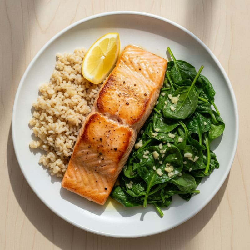 Seared Salmon Fillet with Garlic Spinach and Brown Rice