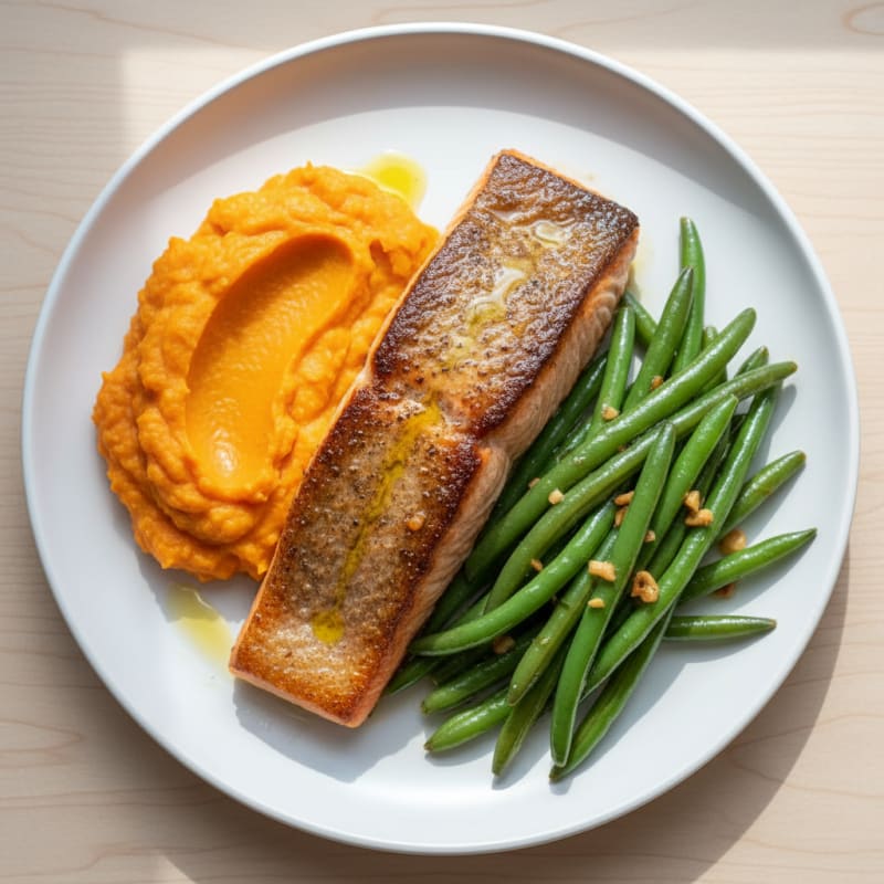 Seared Salmon with Garlic Green Beans and Sweet Potato Mash