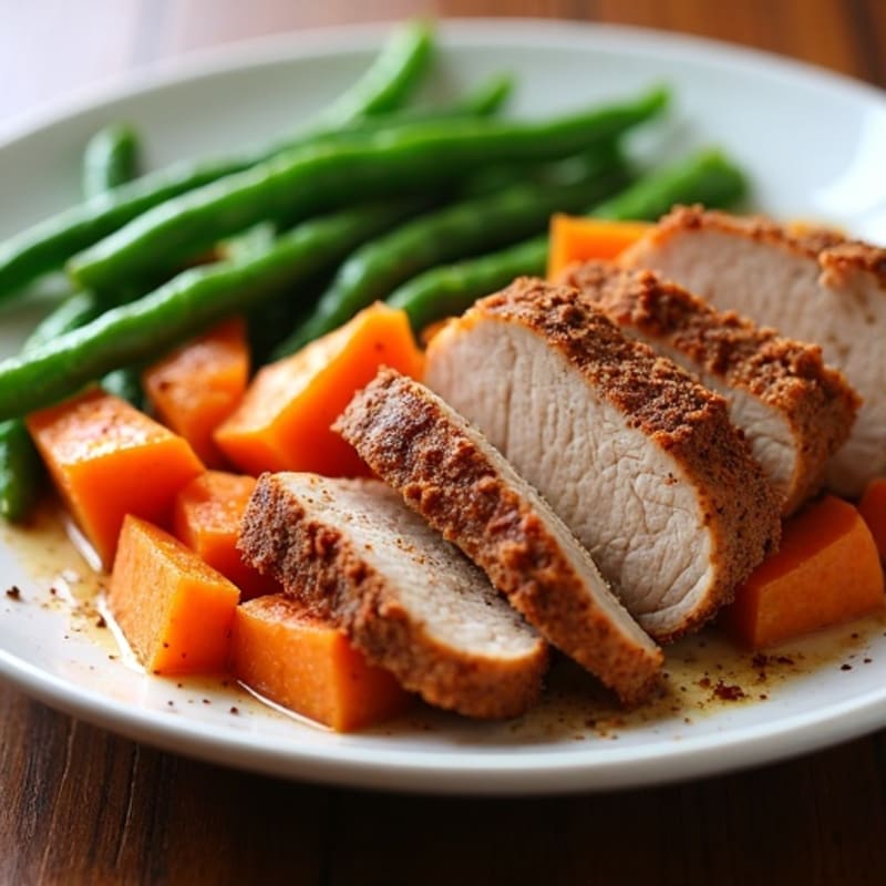 Cinnamon-Spiced Pork Tenderloin with Roasted Sweet Potatoes and Crispy Green Beans