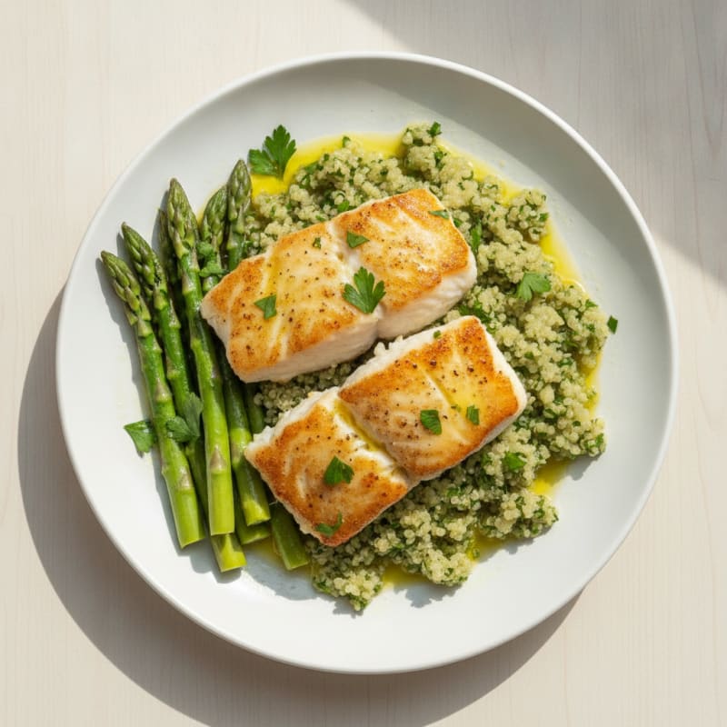 Seared Cod with Steamed Asparagus and Herb Quinoa