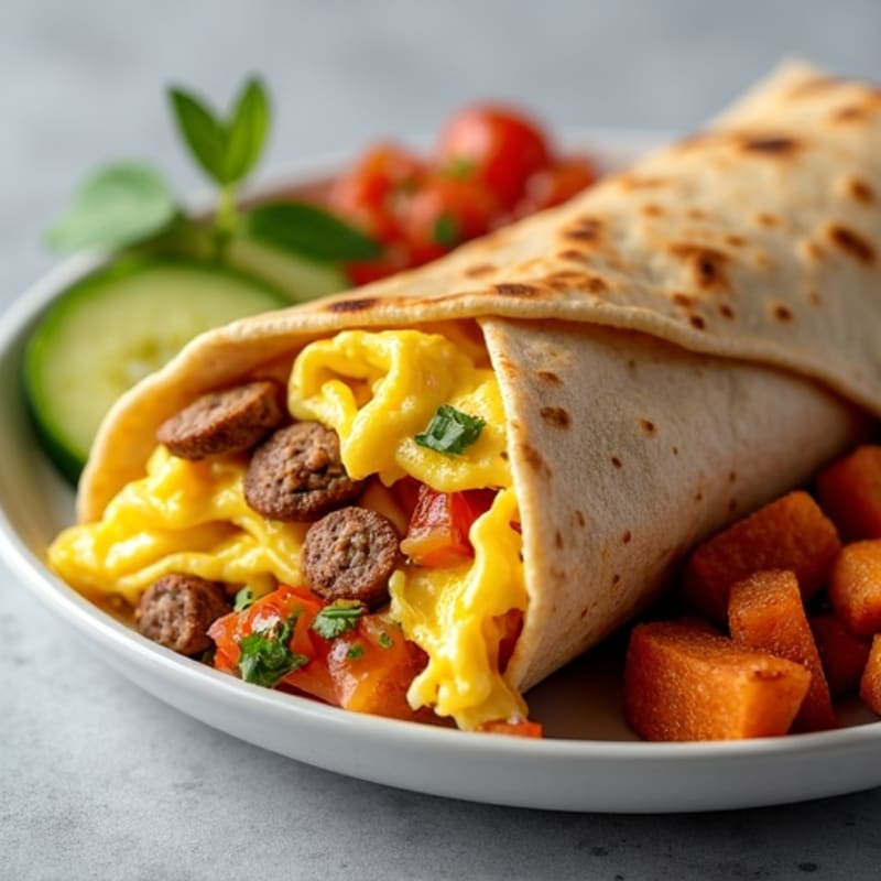 Lean Turkey Sausage and Scrambled Egg Breakfast Burrito with Crispy Sweet Potatoes and Fresh Salsa