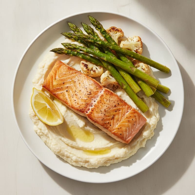 Seared Salmon with Roasted Asparagus and Cauliflower Mash