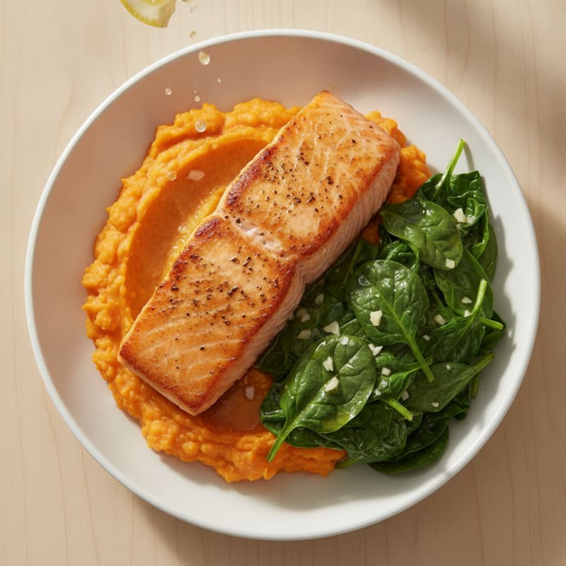 Seared Salmon with Garlic Spinach and Sweet Potato Mash