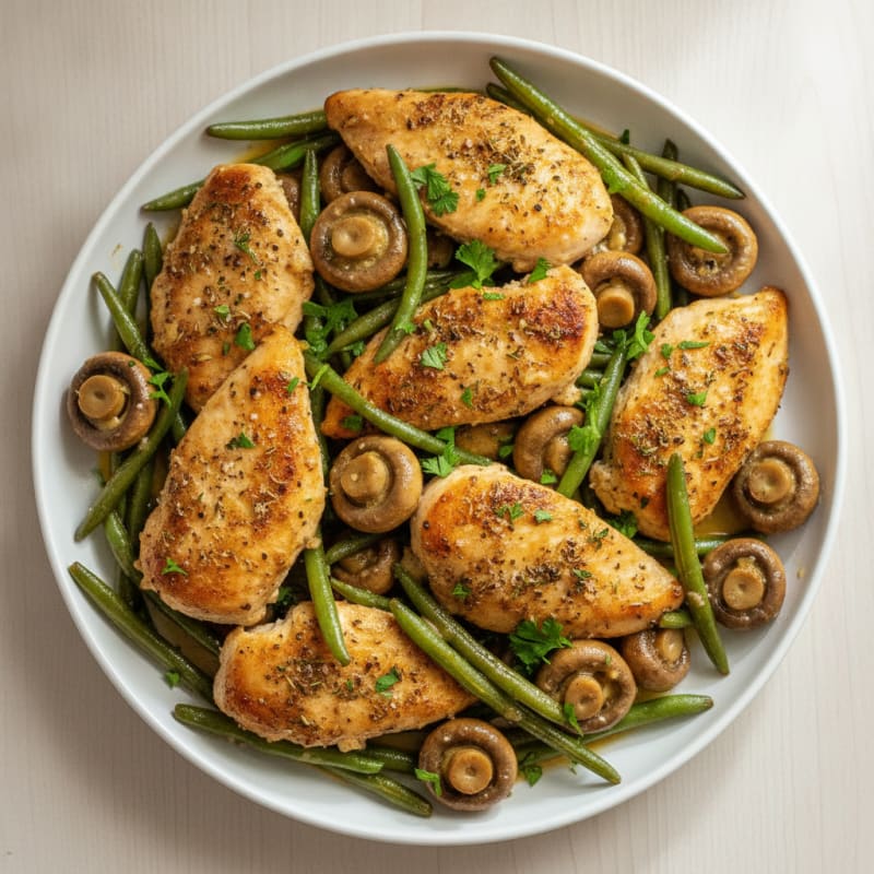 Garlic Butter Roasted Mushrooms with Herb-Crusted Chicken