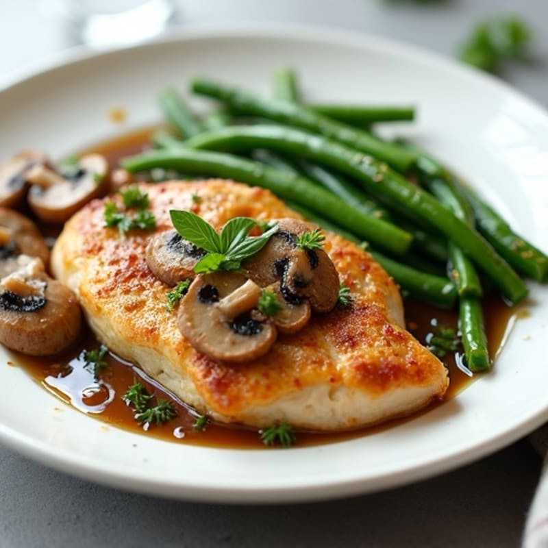 Pan-Seared Chicken with Tender Garlic Butter Roasted Mushrooms and Crisp Green Beans
