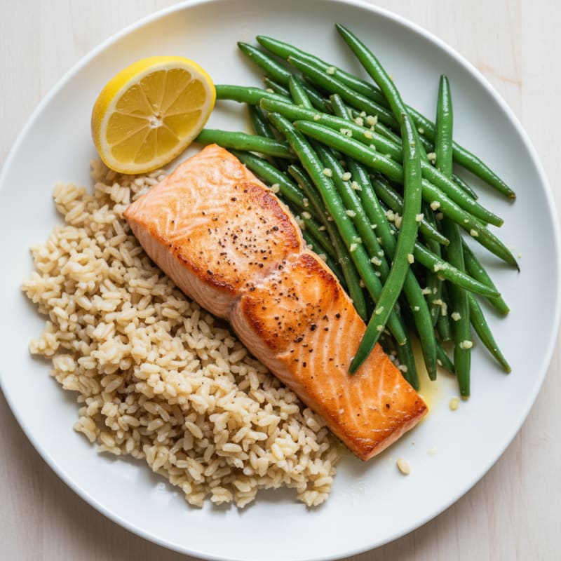 Seared Salmon with Garlic Green Beans and Brown Rice