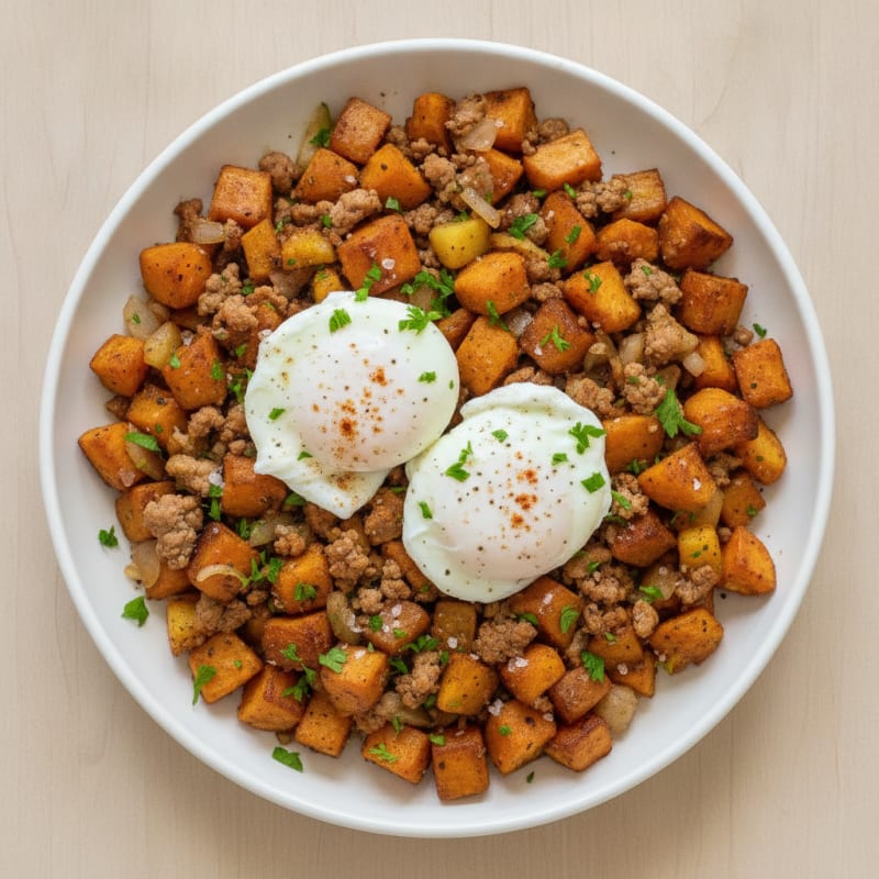 Sweet Potato Hash with Poached Eggs