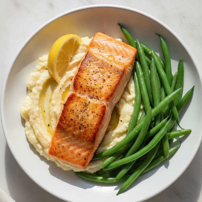 Pan-Seared Salmon with Steamed Green Beans and Cauliflower Mash