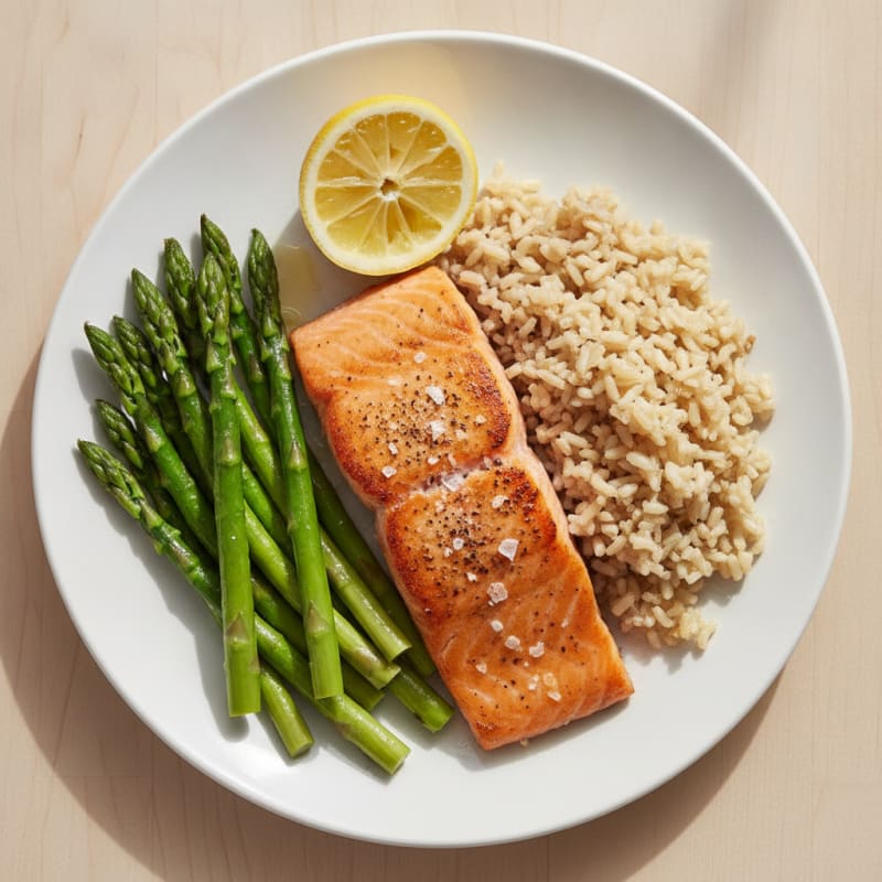 Seared Salmon Fillet with Steamed Asparagus and Brown Rice