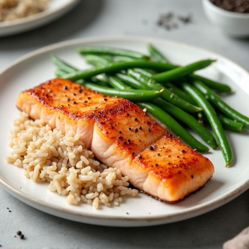 Seared Salmon Fillet with Steamed Green Beans and Brown Rice