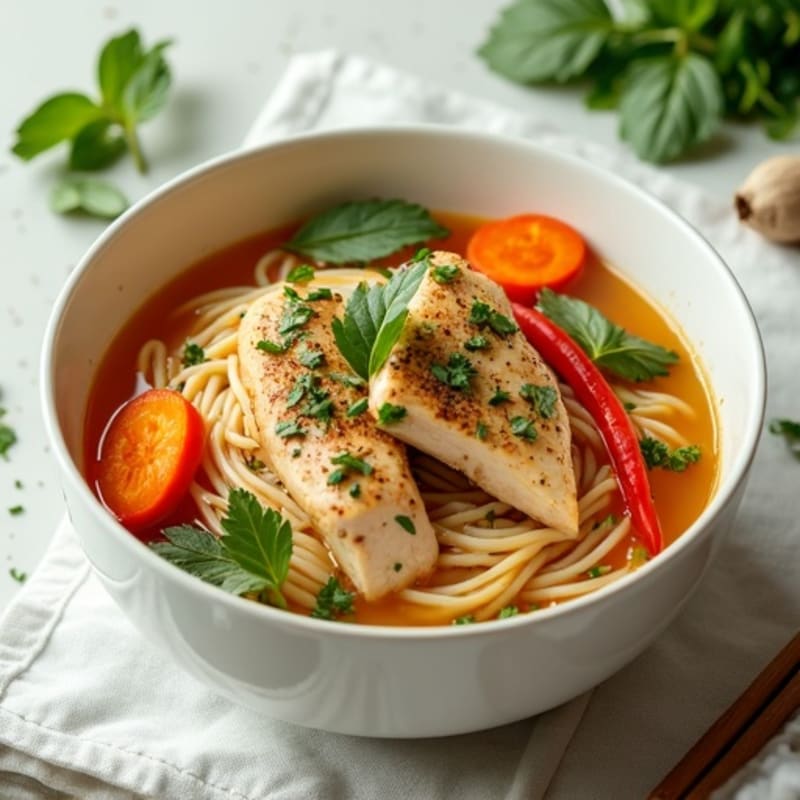 Spiced Chicken and Rice Noodle Broth with Fresh Herbs