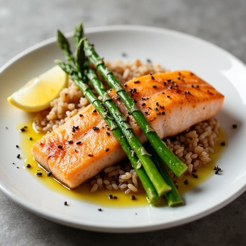 Seared Salmon Fillet with Steamed Asparagus and Brown Rice