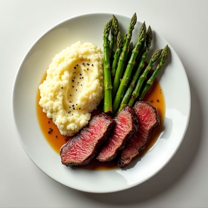 Seared Lean Beef Strips with Steamed Asparagus and Cauliflower Mash