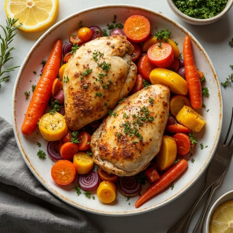 Sheet Pan Lemon-Herb Roasted Chicken and Crispy Root Vegetables