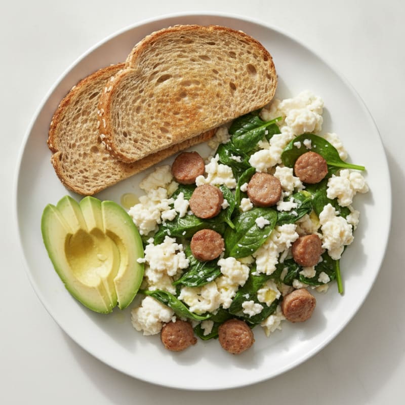Egg White Spinach Scramble with Turkey Sausage