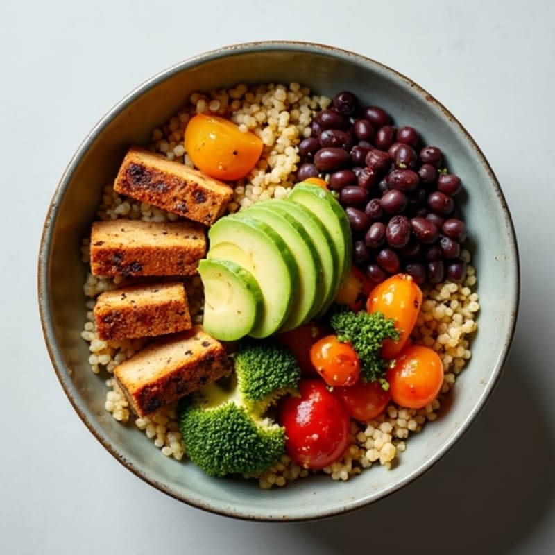 Black Bean and Quinoa Bowl with Roasted Veggies and Creamy Avocado