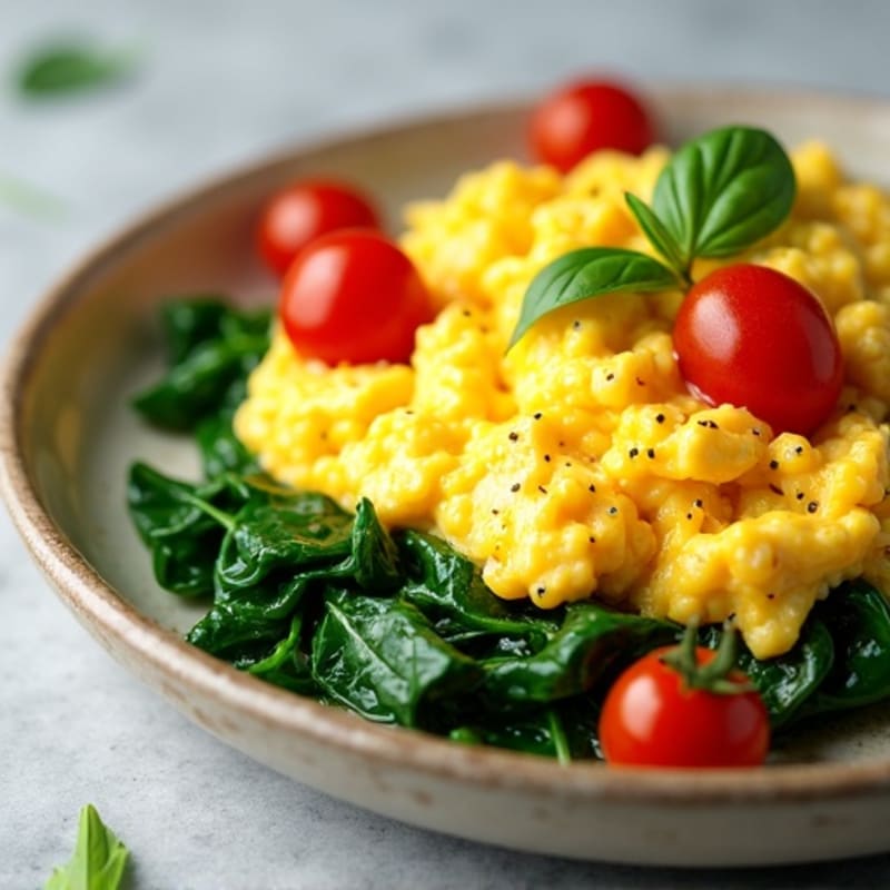 Fluffy Scrambled Eggs with Fresh Spinach and Cherry Tomatoes