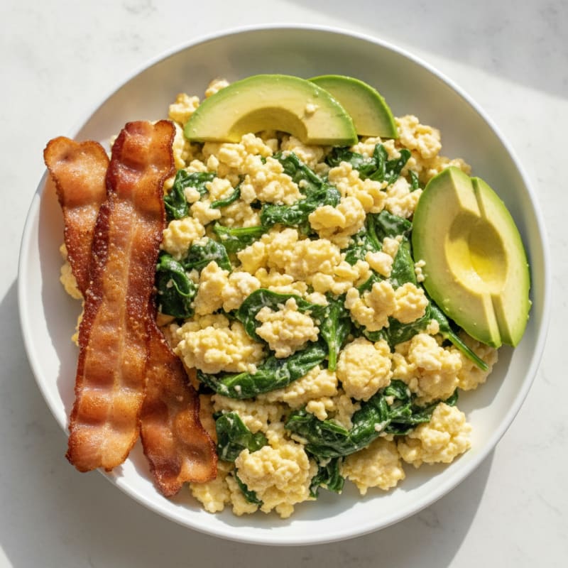 Cottage Cheese Scramble with Spinach and Turkey Bacon