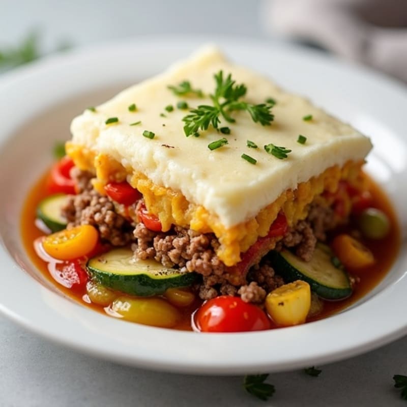 Lean Ground Beef and Vegetable Bake with Creamy Potato Topping