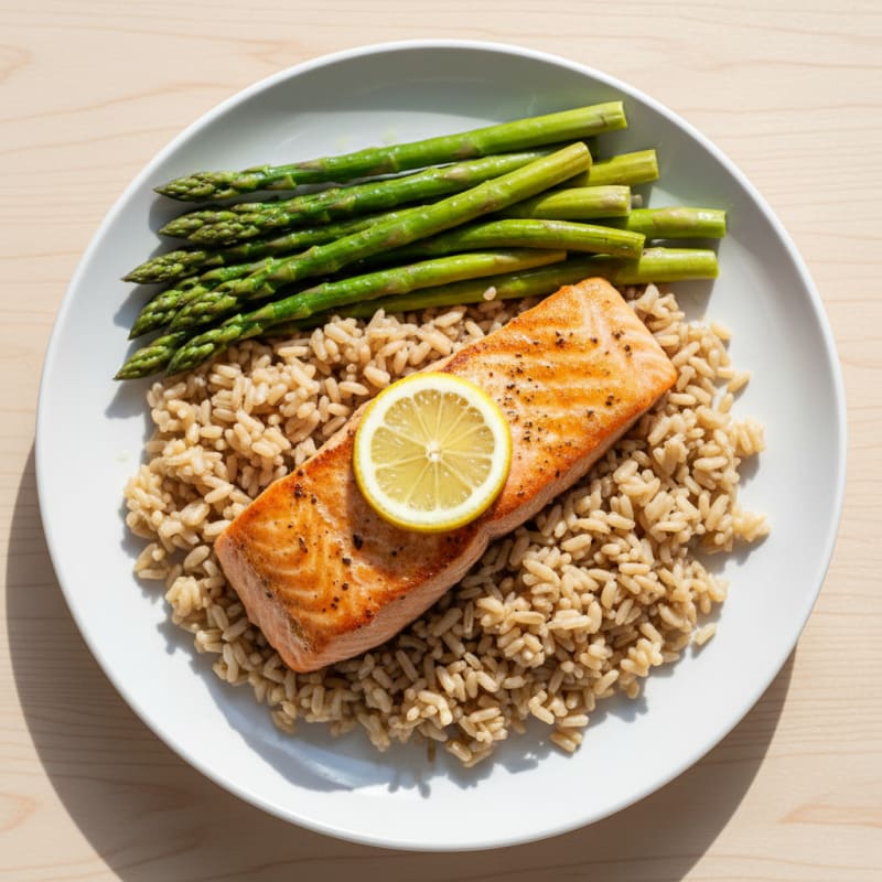 Seared Salmon Fillet with Steamed Asparagus and Brown Rice
