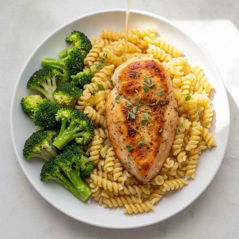 Lemon Herb Chicken Breast with Protein Pasta and Steamed Broccoli