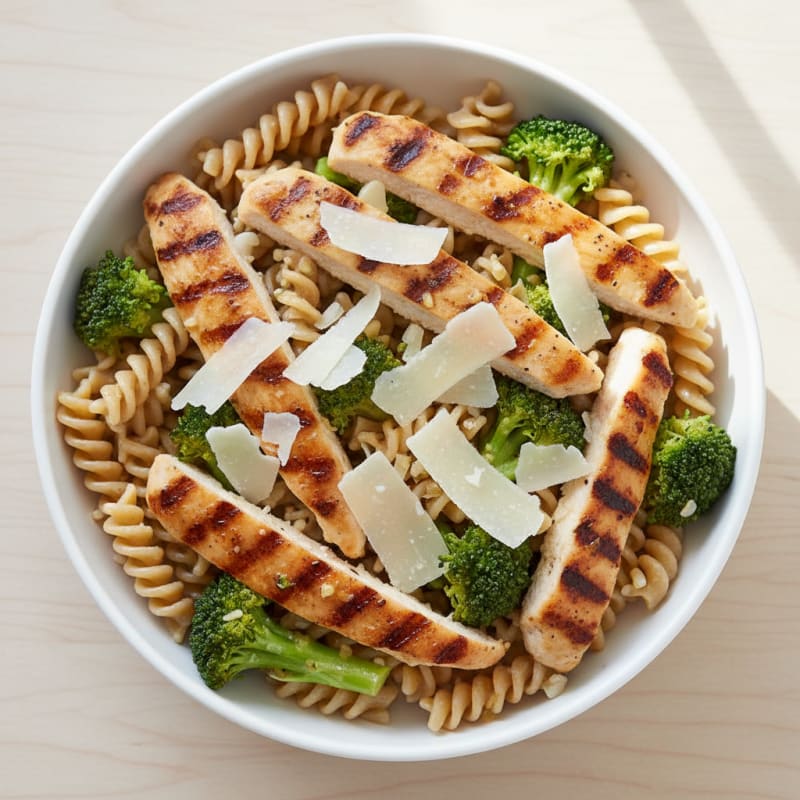 Grilled Chicken and Broccoli Pasta Bowl with Shaved Parmesan