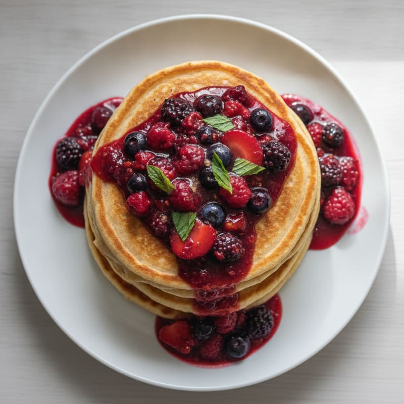Fluffy Buttermilk-Style Protein Pancakes with Berry Compote