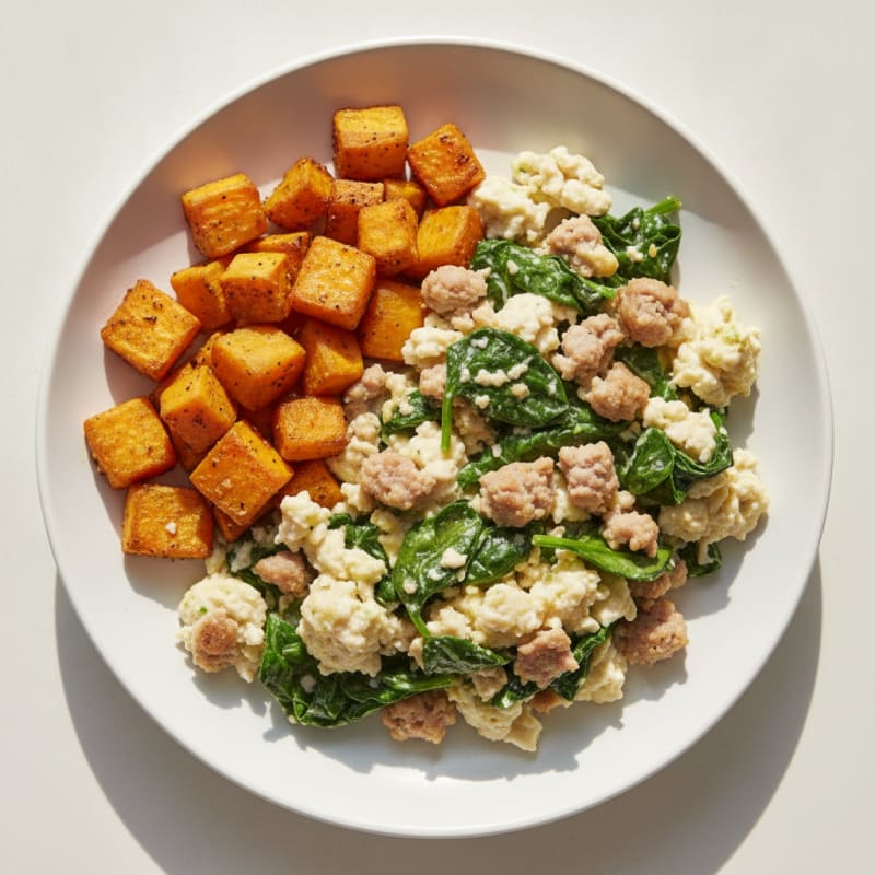 Egg White and Turkey Sausage Scramble with Spinach and Roasted Sweet Potato