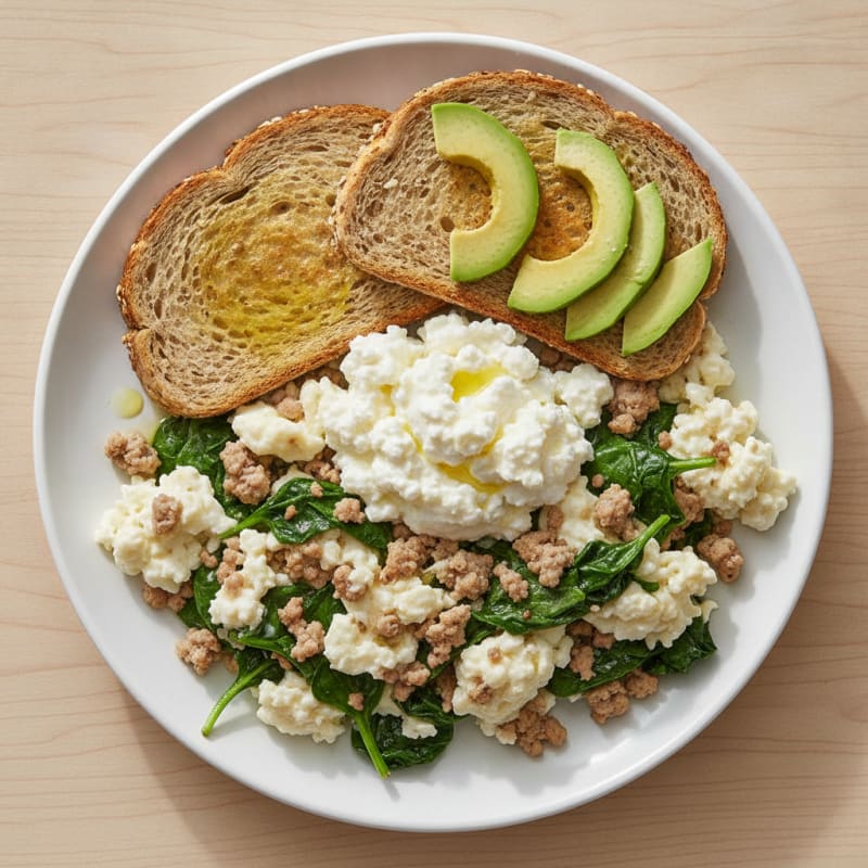 Egg White and Turkey Spinach Scramble with Cottage Cheese