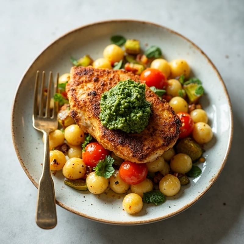 Crispy Chicken and Roasted Vegetable Gnocchi with Fresh Basil Pesto