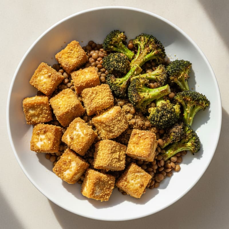 Crispy Tofu and Lentil Power Bowl with Roasted Broccoli