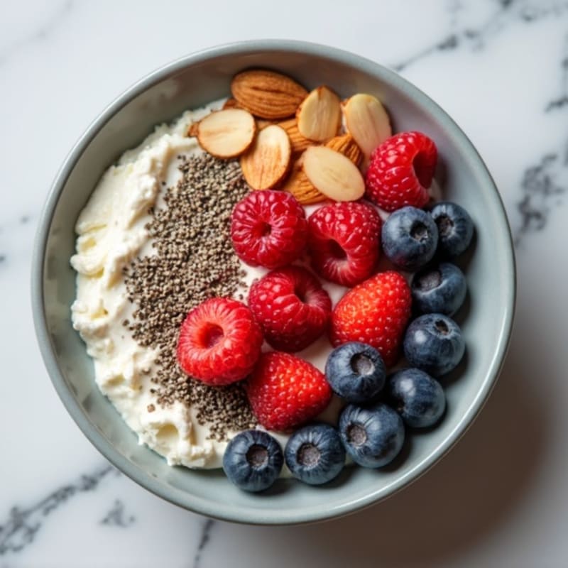Cottage Cheese Berry Bowl with Chia Seeds and Almonds