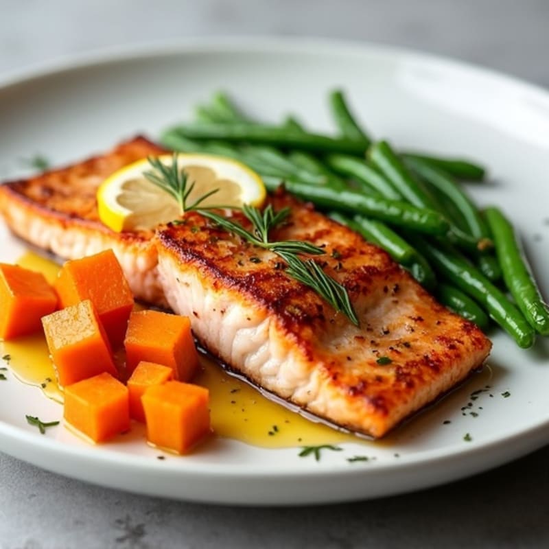 Seared Salmon Fillet with Roasted Sweet Potato and Green Beans