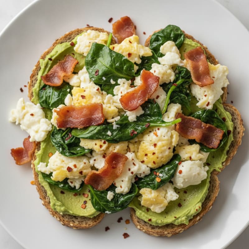 Crispy Turkey Bacon and Egg White Scramble with Sautéed Spinach