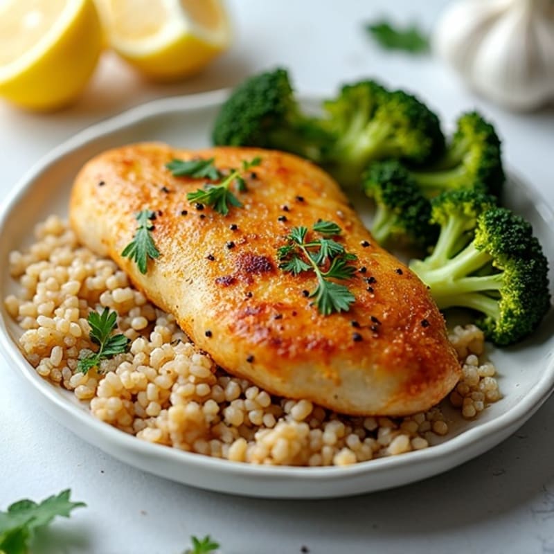 Lemon Garlic Roasted Chicken with Brown Rice and Crispy Roasted Broccoli