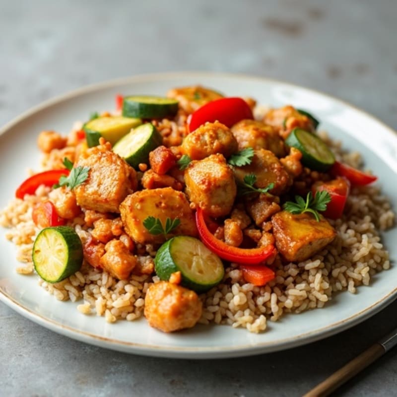 Crispy Chicken Kimchi Stir-Fry with Brown Rice and Fresh Vegetables