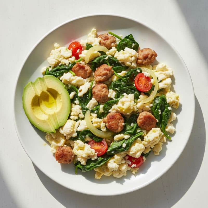 Egg White Scramble with Turkey Sausage and Sautéed Spinach