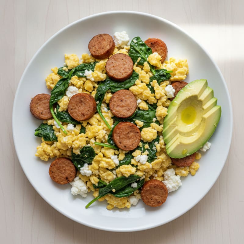 Cottage Cheese Egg Scramble with Spinach and Turkey Sausage